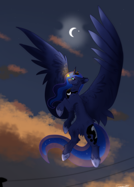 Size: 2611x3645 | Tagged: safe, artist:itzlarinda17, derpibooru import, princess luna, alicorn, firefly (insect), insect, flying, image, moon, png, sky, stars