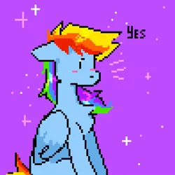 Size: 777x778 | Tagged: safe, artist:greatsunflow42, derpibooru import, rainbow dash, pegasus, pony, image, jpeg, pixel art, purple background, simple background, solo, yes