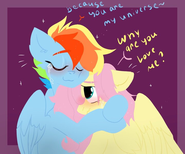 Size: 1200x1000 | Tagged: safe, artist:greatsunflow42, derpibooru import, fluttershy, rainbow dash, pegasus, pony, duo, eyes closed, eyes open, female, flutterdash, grammar error, hug, image, jpeg, lesbian, shipping, teary eyes