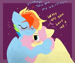 Size: 1200x1000 | Tagged: safe, artist:greatsunflow42, derpibooru import, fluttershy, rainbow dash, pegasus, pony, duo, eyes closed, eyes open, female, flutterdash, grammar error, hug, image, jpeg, lesbian, shipping, teary eyes