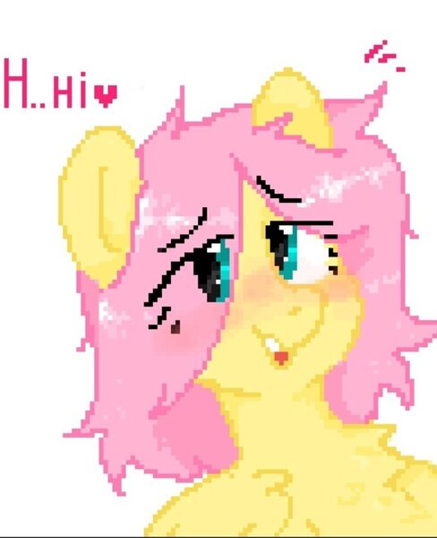 Size: 679x834 | Tagged: safe, artist:greatsunflow42, derpibooru import, fluttershy, pegasus, pony, chest fluff, eye clipping through hair, hair over one eye, hi, image, jpeg, pixel art, short mane, simple background, solo, white background