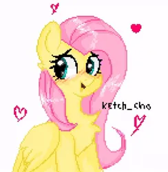 Size: 712x730 | Tagged: safe, artist:greatsunflow42, derpibooru import, fluttershy, pegasus, pony, blushing, chest fluff, heart, image, jpeg, looking sideways, pixel art, simple background, solo, white background