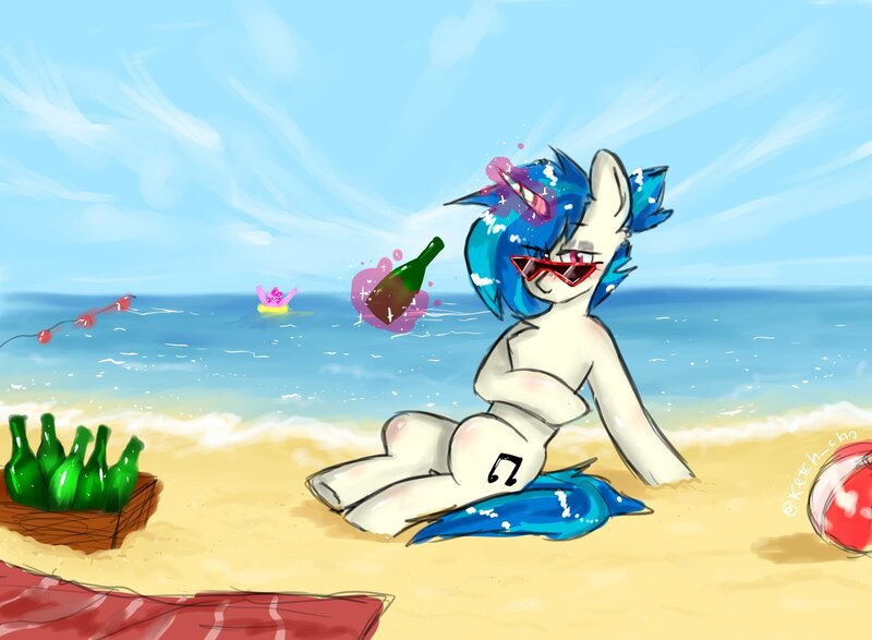 Size: 2048x1502 | Tagged: safe, artist:greatsunflow42, derpibooru import, pinkie pie, vinyl scratch, pony, unicorn, ball, beach, bottle, image, inner tube, jpeg, magic, pool toy, solo focus, sunglasses, telekinesis, towel, water