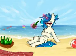 Size: 2048x1502 | Tagged: safe, artist:greatsunflow42, derpibooru import, pinkie pie, vinyl scratch, pony, unicorn, ball, beach, bottle, image, inner tube, jpeg, magic, pool toy, solo focus, sunglasses, telekinesis, towel, water