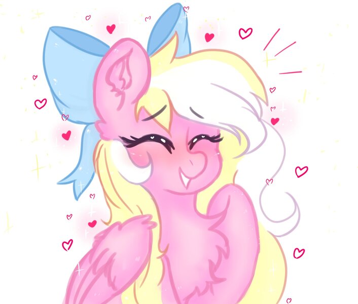 Size: 2048x1740 | Tagged: safe, artist:greatsunflow42, derpibooru import, oc, oc:bay breeze, unofficial characters only, pegasus, pony, bow, chest fluff, emanata, eyes closed, hair bow, image, jpeg, simple background, smiling, solo, white background