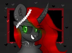 Size: 1122x832 | Tagged: safe, artist:greatsunflow42, derpibooru import, oc, oc:void, unofficial characters only, alicorn, pony, alicorn oc, black sclera, bust, grin, horn, image, jpeg, nose piercing, nose ring, piercing, smiling, solo, wings