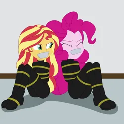 Size: 2000x2000 | Tagged: safe, artist:splendidbondage, derpibooru import, pinkie pie, sunset shimmer, human, equestria girls, bondage, boots, bound and gagged, catsuit, clothes, duo, duo female, eyes closed, female, gag, image, png, rope, rope bondage, shoes, tape, tape gag, tied up