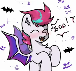 Size: 2048x1927 | Tagged: safe, artist:greatsunflow42, derpibooru import, zipp storm, bat, bat pony, pony, ^^, bat ponified, boo, eyes closed, fangs, g5, halloween, holiday, image, jpeg, open mouth, open smile, race swap, simple background, smiling, white background