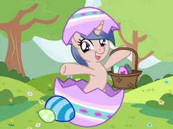 Size: 1033x774 | Tagged: safe, artist:starlingsentry27, derpibooru import, oc, unofficial characters only, pony, unicorn, basket, bipedal, easter, easter basket, easter egg, excited, female, flower, grass, hill, holiday, horn, image, jpeg, mare, outdoors, solo, tree, unicorn oc