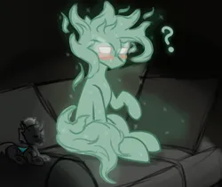 Size: 2194x1856 | Tagged: safe, artist:ashel_aras, derpibooru import, oc, unofficial characters only, changeling, ghost, ghost pony, pony, undead, couch, dark background, duo, embarrassed, image, looking at you, lying down, pleased, png, prone, question mark, sitting