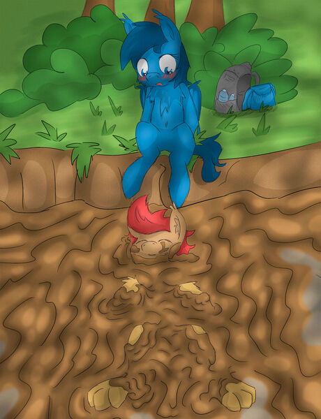 Size: 1600x2086 | Tagged: safe, artist:pzkratzer, derpibooru import, oc, oc:ponygriff, bat pony, griffling, original species, backpack, bathing, belly button, blushing, eyes closed, forest, heat, image, implied mud bath, jpeg, looking at each other, looking at someone, messy, mud, mud bath, muddy, paws, ponygriff, relaxing, sitting, summer, swamp, tree, underpaw