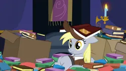 Size: 1920x1080 | Tagged: safe, derpibooru import, screencap, derpy hooves, pegasus, pony, season 6, to where and back again, 1080p, book, box, crash, female, g4, image, mailmare, mare, mess, oof, oops, png, silly, silly derpy, solo