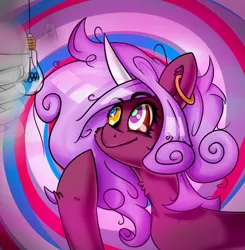 Size: 1614x1650 | Tagged: safe, artist:ybkathan, derpibooru import, oc, oc:dewulf, unofficial characters only, pony, unicorn, abstract background, crazy eyes, ear piercing, image, lamp, piercing, png, psycho, solo