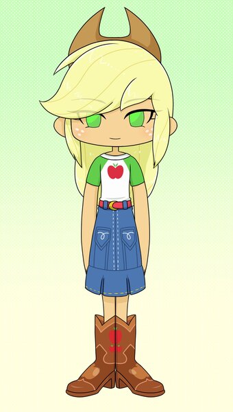Size: 1143x2018 | Tagged: safe, artist:batipin, derpibooru import, applejack, human, equestria girls, chibi, eye clipping through hair, eyebrows, eyebrows visible through hair, gradient background, image, jpeg, looking at you, no nose, no pupils, simple background
