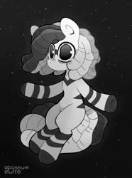 Size: 1370x1840 | Tagged: safe, artist:opossum-stuff, derpibooru import, oc, unofficial characters only, zebra, black and white, grayscale, image, jpeg, monochrome, solo, space, wide eyes, zebra oc