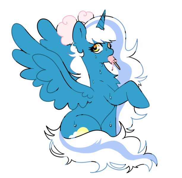 Size: 871x852 | Tagged: safe, artist:sxlipsis, derpibooru import, oc, oc:fleurbelle, unofficial characters only, alicorn, pony, alicorn oc, bow, female, food, hair bow, horn, image, mare, png, popsicle, simple background, sitting, solo, sweat, transparent background, wings, yellow eyes