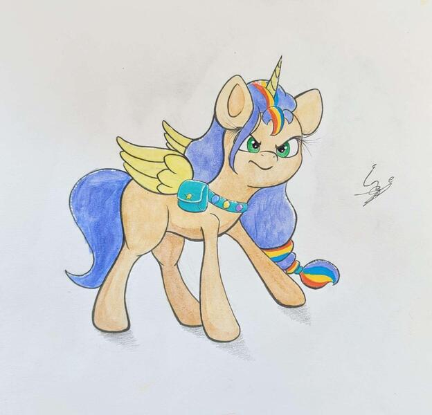 Size: 1872x1799 | Tagged: safe, artist:engi, derpibooru import, sunny starscout, alicorn, my little pony: a new generation, my little pony: tell your tale, angry, female, g5, hair tie, image, jpeg, missing cutie mark, race swap, simple background, solo, sunnycorn, traditional art, watercolor painting