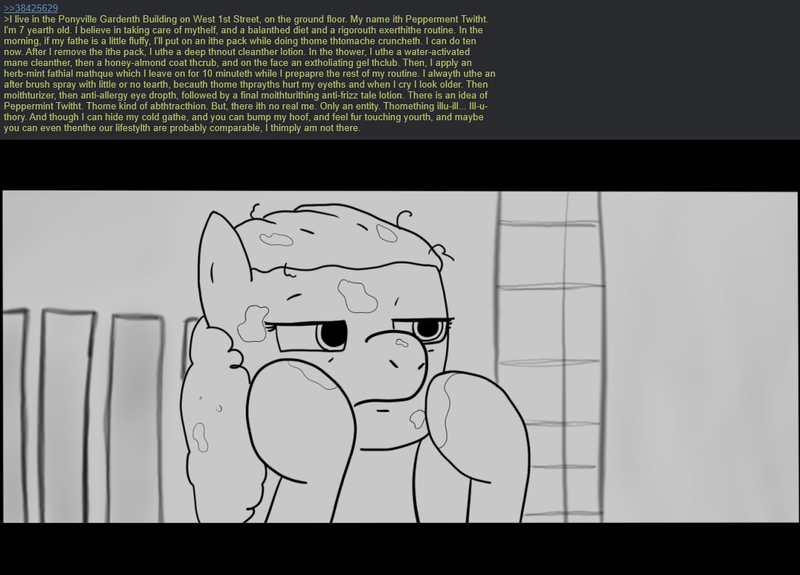 Size: 1104x794 | Tagged: safe, artist:zan logemlor, derpibooru import, twist, earth pony, pony, american psycho, female, filly, foal, greentext, image, patrick bateman, png, solo, text