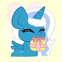 Size: 2050x2050 | Tagged: safe, artist:pen-art78, derpibooru import, oc, oc:fleurbelle, unofficial characters only, alicorn, pony, adorabelle, alicorn oc, bow, cute, female, hair bow, happy, horn, image, mare, mouth hold, ocbetes, png, present, simple background, smiling, wings, yellow background