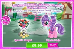 Size: 1957x1297 | Tagged: safe, derpibooru import, official, petunia petals, earth pony, pony, advertisement, bouquet, bouquet of flowers, clothes, costs real money, english, female, flower, flower in hair, gameloft, image, jpeg, mare, mobile game, my little pony: magic princess, numbers, sale, solo, solo focus, text