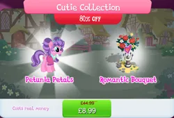 Size: 1263x860 | Tagged: safe, derpibooru import, official, petunia petals, earth pony, pony, bouquet, bouquet of flowers, bundle, clothes, costs real money, english, female, flower, flower in hair, gameloft, image, jpeg, mare, mobile game, my little pony: magic princess, numbers, sale, solo, solo focus, text