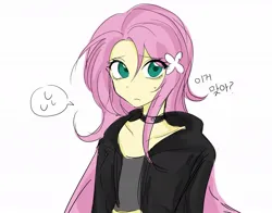 Size: 1060x829 | Tagged: safe, artist:rainbom__1122, derpibooru import, fluttershy, human, equestria girls, bust, choker, clothes, hoodie, image, jpeg, simple background, solo, white background