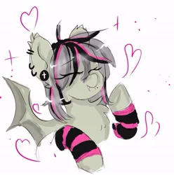 Size: 631x637 | Tagged: oc name needed, safe, artist:greatsunflow42, derpibooru import, oc, unofficial characters only, bat pony, pony, arm warmers, clothes, ear piercing, earring, eyes closed, fangs, heart, image, jewelry, jpeg, not fluttershy, piercing, solo