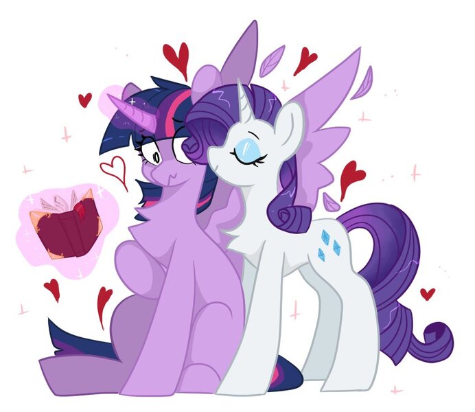 Size: 859x745 | Tagged: safe, artist:greatsunflow42, derpibooru import, rarity, twilight sparkle, twilight sparkle (alicorn), alicorn, pony, unicorn, book, chest fluff, duo, female, heart, image, jpeg, lesbian, magic, rarilight, shipping, simple background, spread wings, telekinesis, wavy mouth, white background, wingboner, wings