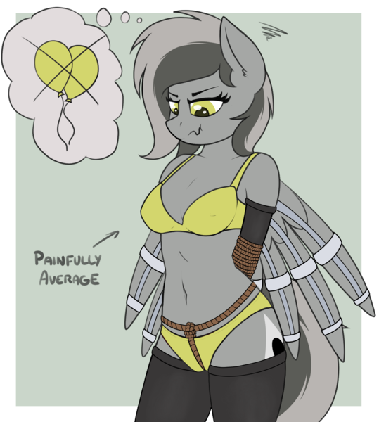 Size: 1713x1907 | Tagged: suggestive, artist:ponynamedmixtape, derpibooru import, edit, oc, oc:graeyscale, anthro, a-cup angst, arm behind back, bondage, bound wings, bra, breasts, clothes, crotch rope, evening gloves, female, gloves, image, long gloves, panties, png, reasonably sized breasts, ropes, socks, solo, solo female, thigh highs, thought bubble, underwear, wavy mouth, wings