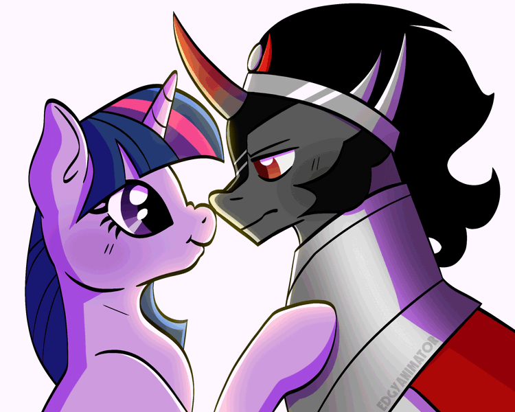 Size: 2500x2000 | Tagged: safe, artist:edgyanimator, derpibooru import, king sombra, twilight sparkle, alicorn, pony, unicorn, animated, armor, black hair, blinking, blushing, boop, bust, cape, cel shading, clothes, colored horn, curved horn, cute, derpibooru exclusive, disembodied horn, duo, duo male and female, female, firealpaca, flowy mane, gif, gray coat, helmet, horn, image, jewelry, king sombra gets all the mares, light, lineart, looking at each other, looking at someone, loop, male, male and female, mare, multicolored hair, nose wrinkle, noseboop, purple coat, purple eyes, raised hoof, red eyes, regalia, royalty, shading, shipping, simple background, sombra horn, sombra's cape, sombra's horn, sombra's robe, sombradorable, stallion, straight, twiabetes, twibra, white background