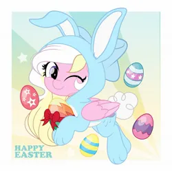 Size: 1773x1773 | Tagged: safe, artist:jhayarr23, derpibooru import, oc, oc:bay breeze, unofficial characters only, pegasus, pony, animal costume, bunny costume, clothes, costume, cute, easter, egg, female, holiday, image, jpeg, looking at you, mare, one eye closed, pegasus oc, solo, wings, wink, winking at you