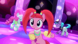 Size: 960x541 | Tagged: safe, derpibooru import, screencap, azure velour, flashdancer, pacific glow, earth pony, pony, the saddle row review, :o, animated, ass-ure velour, azurebutt, bangs, bipedal, butt, butt shake, clothes, cute, dancing, dancing queen, female, flank spin, flexible, furry leg warmers, gif, glowbutt, glowstick, gyration, image, leg warmers, mare, open mouth, pacifier, pigtails, plot, rave, tail, tail twirl