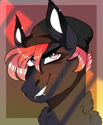 Size: 3134x3815 | Tagged: safe, artist:inisealga, derpibooru import, oc, oc:fae lagoon, unofficial characters only, hybrid, kelpie, pegasus, pony, beanie, bust, dyed hair, female, hat, hybrid oc, image, jpeg, lip piercing, looking at you, mare, neck fluff, piercing, portrait, smiling, smiling at you, smirk, solo
