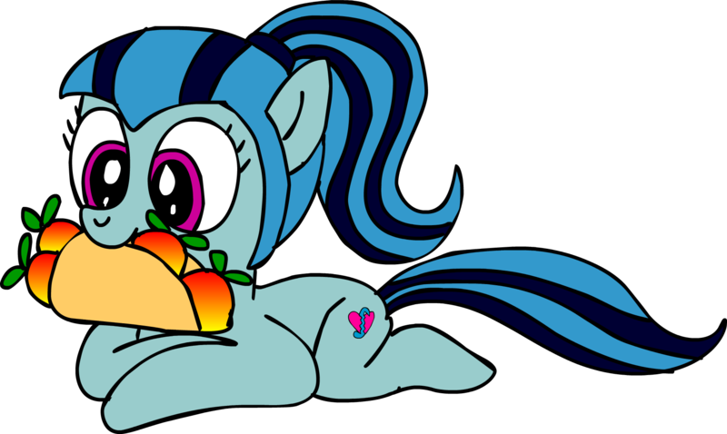 Size: 1909x1141 | Tagged: safe, artist:blackrhinoranger, derpibooru import, sonata dusk, ponified, earth pony, pony, female, food, fruit, image, lying down, mare, mouth hold, png, prone, simple background, smiling, solo, sonataco, taco, tail, that pony sure does love tacos, transparent background, wumpa fruit