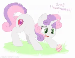 Size: 1200x928 | Tagged: safe, artist:higgly-chan, derpibooru import, sweetie belle, pony, unicorn, cute, cutie mark, dialogue, diasweetes, easter, easter egg, eye clipping through hair, eyebrows, eyebrows visible through hair, female, filly, foal, grass, holiday, horn, image, jpeg, open mouth, open smile, smiling, solo, talking, the cmc's cutie marks