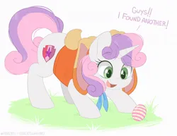 Size: 1200x928 | Tagged: safe, alternate version, artist:higgly-chan, derpibooru import, sweetie belle, pony, unicorn, bunny ears, clothes, cream the rabbit, cute, cutie mark, dialogue, diasweetes, easter, easter egg, eye clipping through hair, eyebrows, eyebrows visible through hair, female, filly, foal, grass, holiday, hoodie, horn, image, jpeg, open mouth, open smile, smiling, solo, sonic the hedgehog (series), talking, the cmc's cutie marks