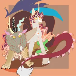 Size: 2000x2000 | Tagged: safe, artist:inisealga, derpibooru import, discord, princess celestia, alicorn, draconequus, pony, abstract background, alternate design, curved horn, dislestia, duo, duo focus, duo male and female, female, horn, image, jpeg, male, multicolored hair, redesign, shipping, straight, twitterina design