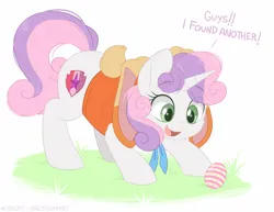 Size: 1200x928 | Tagged: safe, alternate version, artist:higgly-chan, derpibooru import, sweetie belle, pony, unicorn, bunny ears, clothes, cream the rabbit, cute, cutie mark, dialogue, diasweetes, easter, easter egg, eye clipping through hair, eyebrows, eyebrows visible through hair, female, filly, foal, grass, holiday, hoodie, horn, image, open mouth, open smile, png, smiling, solo, sonic the hedgehog (series), talking, the cmc's cutie marks