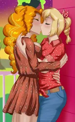 Size: 1265x2048 | Tagged: suggestive, artist:thebrokencog, derpibooru import, adagio dazzle, applejack, human, fanfic, equestria girls, asymmetrical docking, big breasts, breasts, busty adagio dazzle, button-up shirt, clothes, commission, couple, crack shipping, dazzlejack, denim, dress, duo, duo female, evening, eyes closed, eyeshadow, fanfic art, farm, female, females only, freckles, hands behind back, image, in love, jeans, kiss on the lips, kissing, lesbian, love, makeup, marriage, married, married couple, pants, png, polka dots, ponytail, romance, shipping, shirt, small breasts, sweet apple acres, wife
