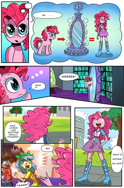 Size: 1800x2740 | Tagged: safe, artist:candyclumsy, derpibooru import, pinkie pie, earth pony, human, pony, equestria girls, apple pinkie, comic, dialogue, emanata, food transformation, high res, image, mirror portal, no eyes, open mouth, open smile, pinkie being pinkie, png, pondering, scared, smiling, speech bubble, thought bubble, wat, weeeeeeee, what has magic done