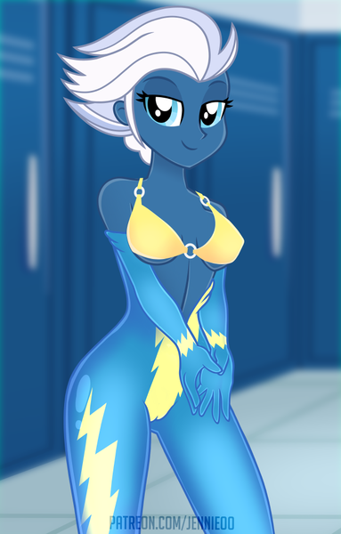 Size: 638x1000 | Tagged: suggestive, artist:jennieoo, derpibooru import, night glider, equestria girls, bedroom eyes, bikini, breasts, clothes, image, latex, latex suit, locker room, looking at you, png, rubber, rubber suit, show accurate, show accurate porn, smiling, smiling at you, solo, swimsuit, uniform, wonderbolts, wonderbolts uniform