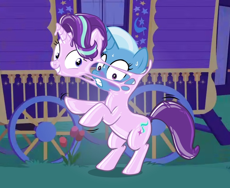 Size: 1320x1080 | Tagged: questionable, edit, edited screencap, editor:anonymous, screencap, starlight glimmer, trixie, latex pony, original species, pony, rubber pony, unicorn, to where and back again, /mlp/ latex requests, blushing, bondage, cropped, duo, encasement, image, jpeg, latex, liquid latex, living latex, mask, masking, rearing, rubber, shrunken pupils, sweat, trixie's wagon, worried