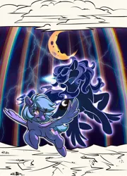 Size: 1472x2048 | Tagged: safe, artist:luanshanhun, derpibooru import, princess luna, crescent moon, flying, image, jpeg, lightning, moon, spread wings, wings