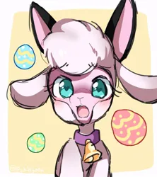 Size: 800x900 | Tagged: safe, artist:catsonmarss, artist:picklescatt, derpibooru import, sheep, them's fightin' herds, bell, bell collar, blushing, bunny ears, collar, community related, easter, easter egg, female, heart, heart eyes, holiday, image, jpeg, lamb, open mouth, pom (tfh), solo, wingding eyes