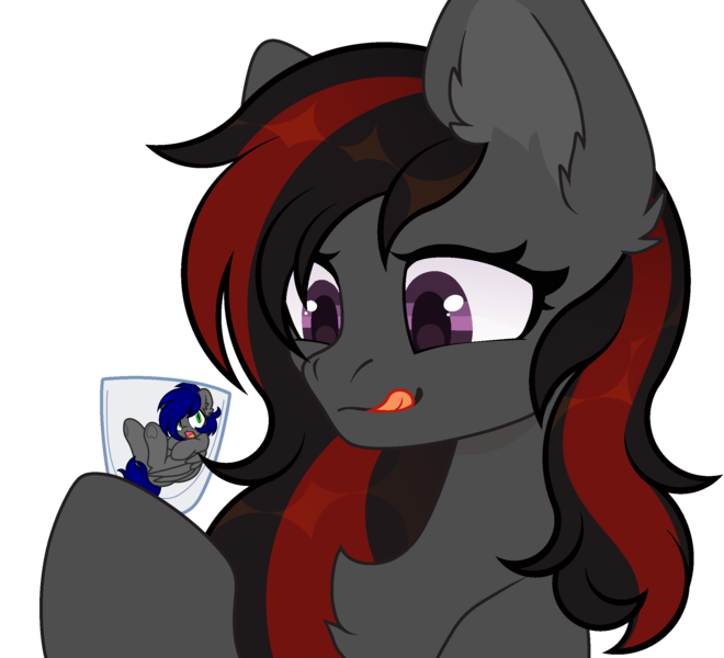 Size: 2253x2048 | Tagged: suggestive, artist:howie, derpibooru import, oc, oc:mb midnight breeze, oc:se solar eclipse, unofficial characters only, pegasus, pony, glass, image, imminent vore, licking, licking lips, mare pred, oc x oc, pegasus oc, png, scared, shipping, tongue out, trapped, vore, wings