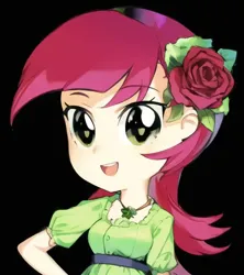 Size: 512x576 | Tagged: safe, artist:luckreza8, derpibooru import, machine learning generated, roseluck, human, equestria girls, :d, anime, black background, female, happy, image, open mouth, open smile, pinegraph, png, simple background, smiling, solo