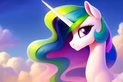 Size: 1920x1280 | Tagged: safe, derpibooru import, editor:dovakkins, machine learning generated, stable diffusion, princess celestia, alicorn, pony, beautiful, blue sky, bust, cloud, cloudy, day, derpibooru exclusive, female, horn, image, long mane, mare, missing accessory, png, sky, smiling, solo, wavy mane