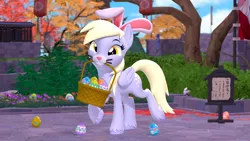 Size: 3840x2160 | Tagged: safe, artist:owlpirate, derpibooru import, derpy hooves, pegasus, pony, 3d, 4k, basket, bunny ears, cute, derpabetes, easter, easter basket, easter egg, female, high res, holiday, image, looking at you, mare, mouth hold, png, smiling, smiling at you, solo, source filmmaker, standing on two hooves