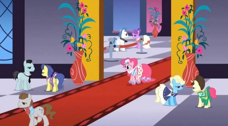 Size: 2160x1195 | Tagged: safe, derpibooru import, screencap, pinkie pie, earth pony, pony, unicorn, the best night ever, background pony, ballroom, canterlot, canterlot castle, carpet, clothes, dress, gala dress, gown, grand galloping gala, hallway, image, jpeg, necktie, red carpet