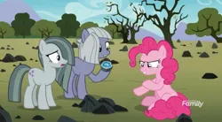 Size: 2115x1169 | Tagged: safe, derpibooru import, screencap, limestone pie, marble pie, pinkie pie, earth pony, pony, the maud couple, cloud, evil grin, female, grin, hill, image, jpeg, misunderstanding, pie sisters, rock, rock farm, shocked, shocked expression, siblings, sisters, smiling, tree